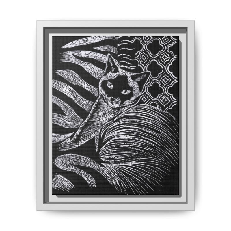 Monochrome Etched Siamese Cat Framed Canvas | Black and White Wall Art - Image 5