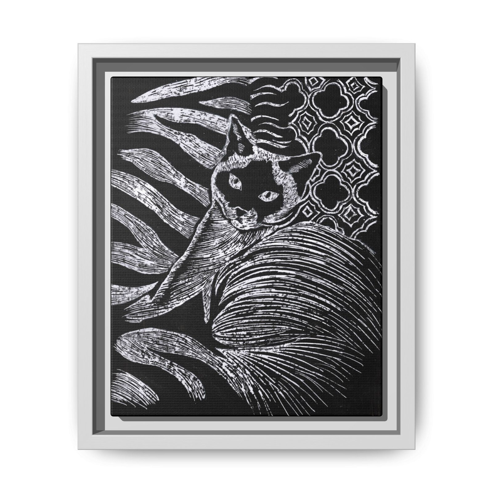 Monochrome Etched Siamese Cat Framed Canvas | Black and White Wall Art - Image 5