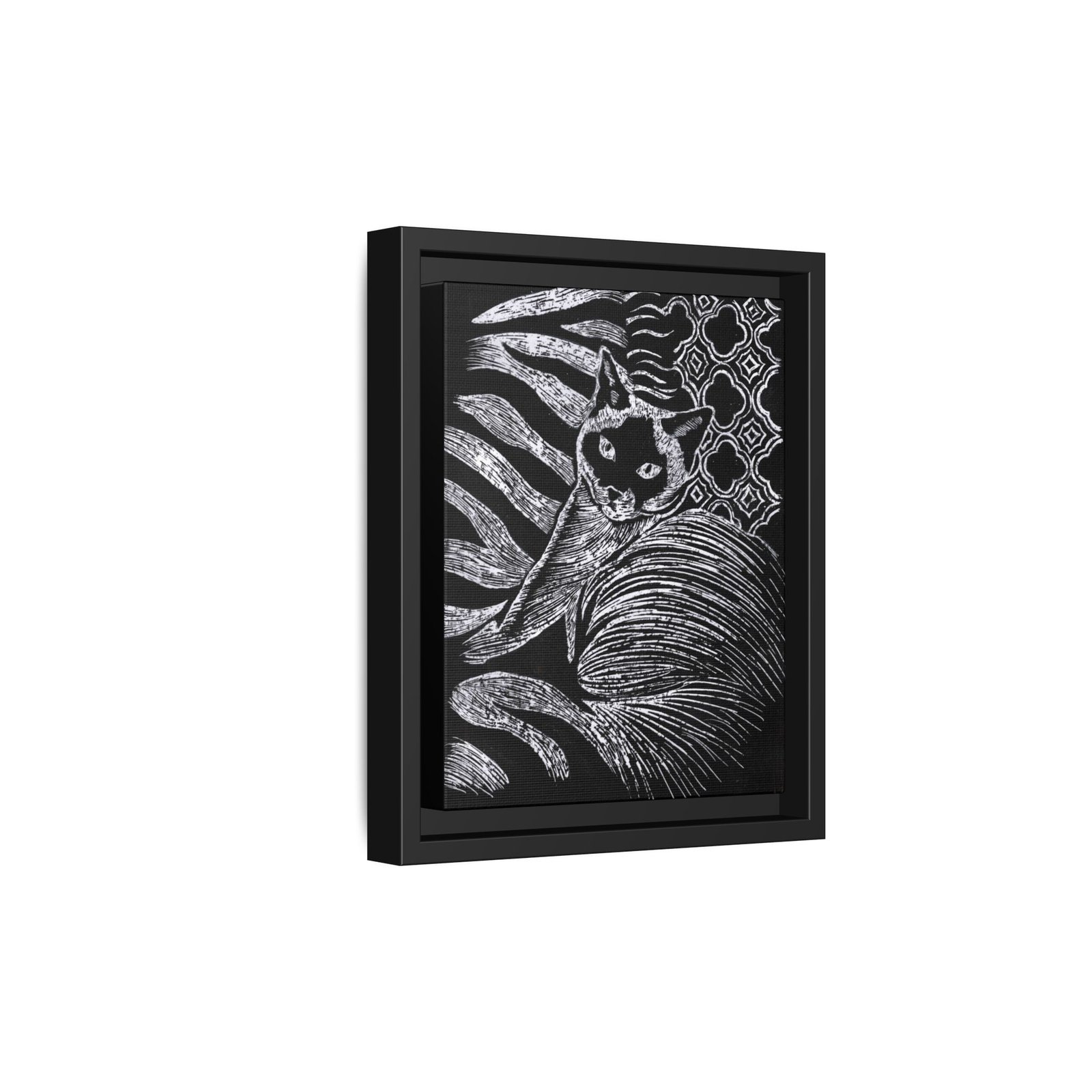 Monochrome Etched Siamese Cat Framed Canvas | Black and White Wall Art - Image 2