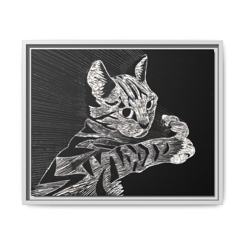 Monochrome tabby cat wax etching design black and white framed