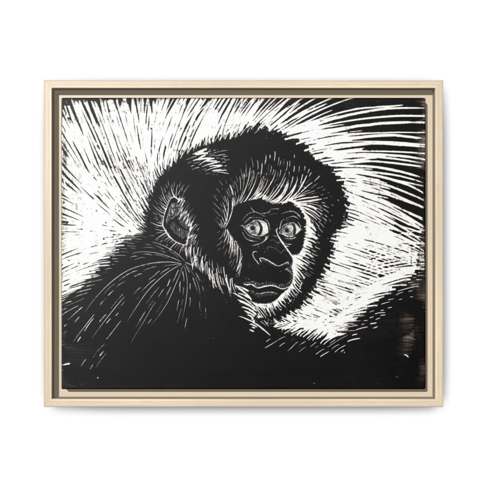 Framed Monkey Monochrome Etching Print | Black and White Matte Canvas Wall Art