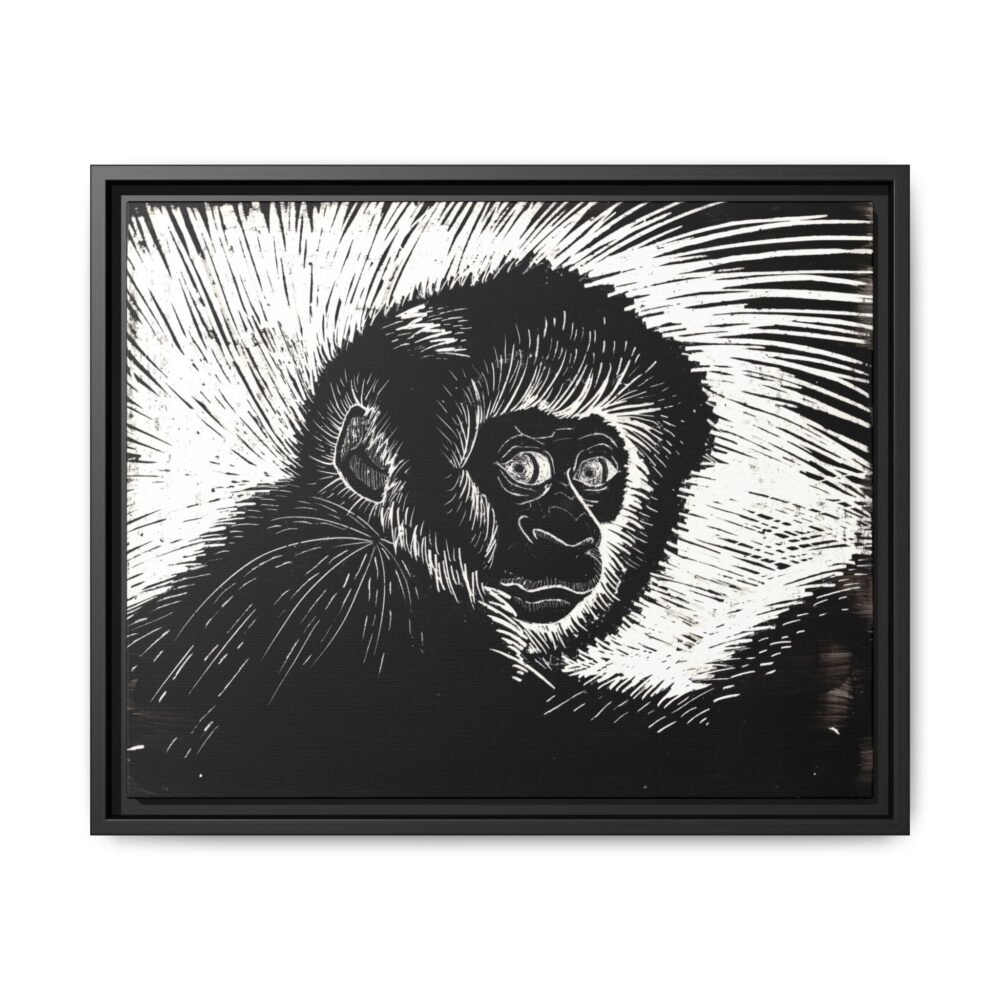 Framed Monkey Monochrome Etching Print | Black and White Matte Canvas Wall Art