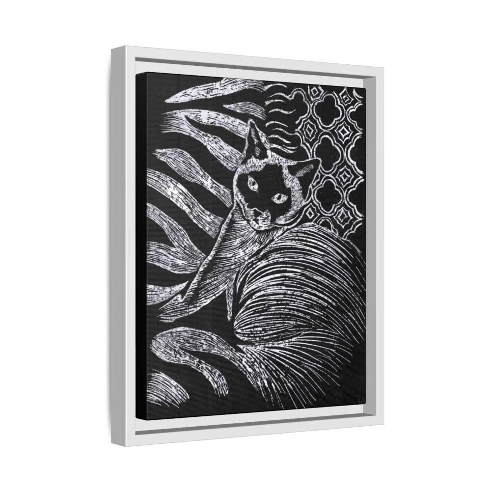 Monochrome Etched Siamese Cat Framed Canvas | Black and White Wall Art