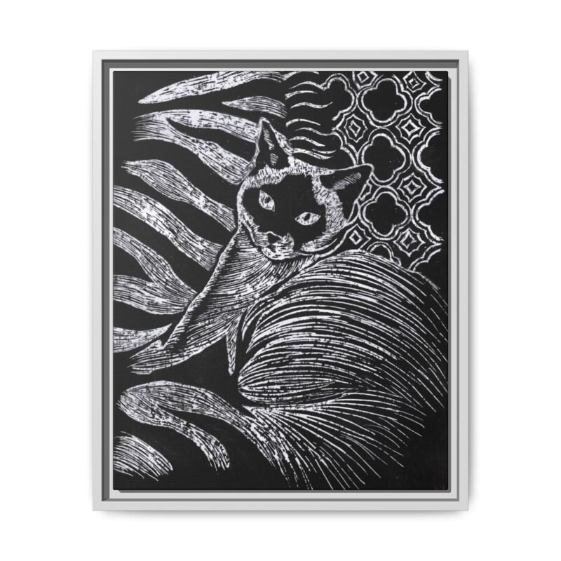 Monochrome Etched Siamese Cat Framed Canvas | Black and White Wall Art - Image 9