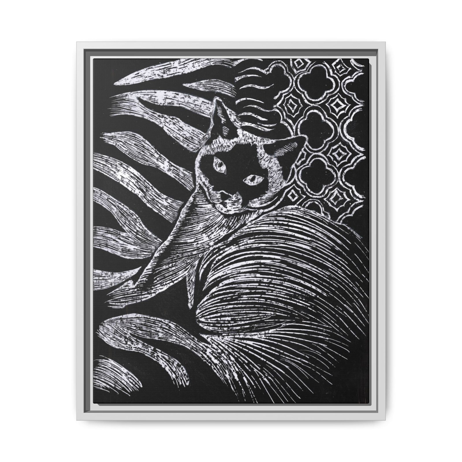 Monochrome Etched Siamese Cat Framed Canvas | Black and White Wall Art - Image 9