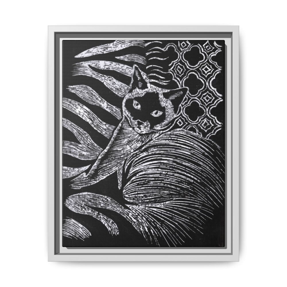 Monochrome Etched Siamese Cat Framed Canvas | Black and White Wall Art