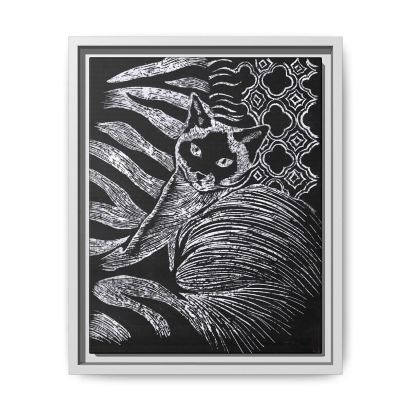 Monochrome Etched Siamese Cat Framed Canvas | Black and White Wall Art - Image 19