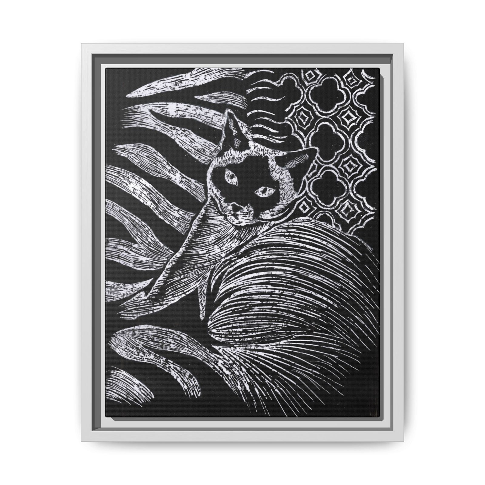 Monochrome Etched Siamese Cat Framed Canvas | Black and White Wall Art - Image 19