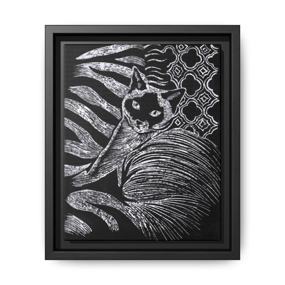Monochrome Etched Siamese Cat Framed Canvas | Black and White Wall Art