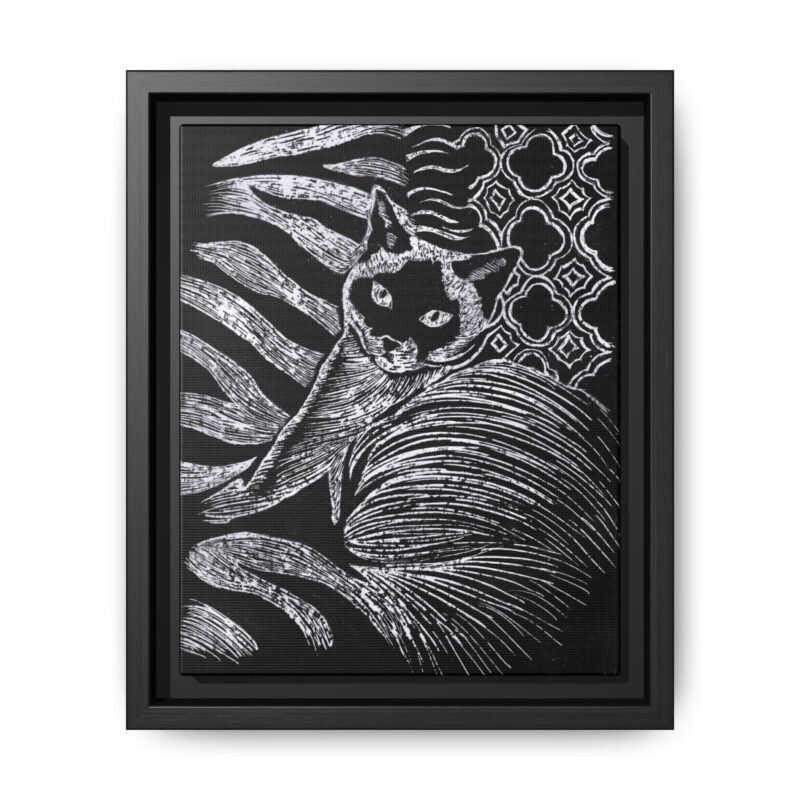 Monochrome Etched Siamese Cat Framed Canvas | Black and White Wall Art