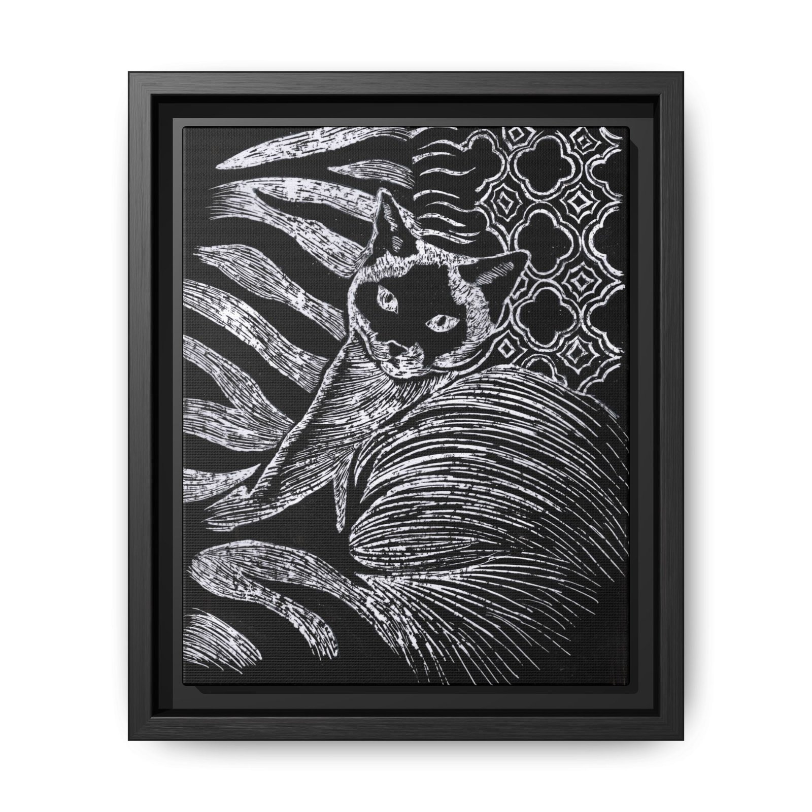 Monochrome Etched Siamese Cat Framed Canvas | Black and White Wall Art - Image 1