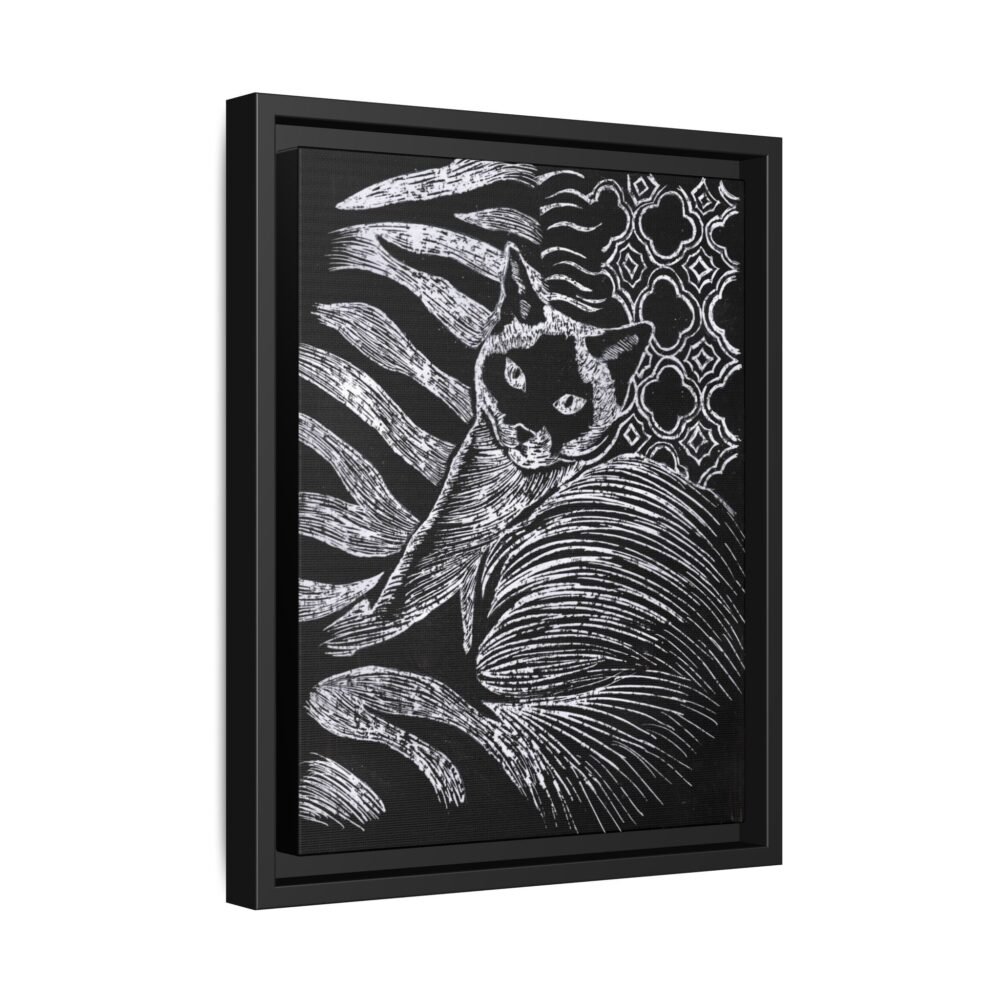 Monochrome Etched Siamese Cat Framed Canvas | Black and White Wall Art